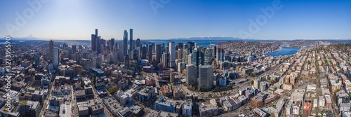 View of Downtown Seattle and the Olympic Mountains on a Rare Cloudless Day  © Cascadia Aerial