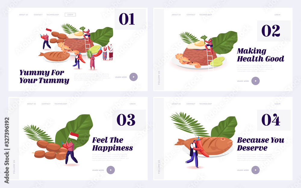 Oriental Indonesian Cuisine, Traditional Meals and Dishes Website Landing Page Set. Asian Malaysian Food Menu Penyetan Fish, Chicken Satay, Nasi Goreng Web Page Banner Cartoon Flat Vector Illustration
