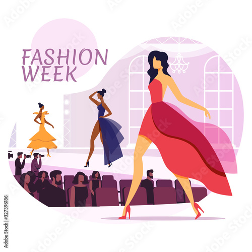 Fashion Industry Flat Social Media Banner Layout. Top Models and Show Viewers Cartoon Characters. Beautiful Designer Apparel Poster Concept. Women Posing in Dresses Illustration with Typography