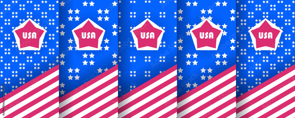 Set of seamless patterns with stars, in the colors of the american flag. Used as USA banners, invitations for design of Independence Day, BBQ parties, sports uniforms, packaging. Vector background. Set of seamless patterns with stars, in the colors of the american flag. Used as USA banners, invitations for design of Independence Day, BBQ parties, sports uniforms, packaging. Vector background.