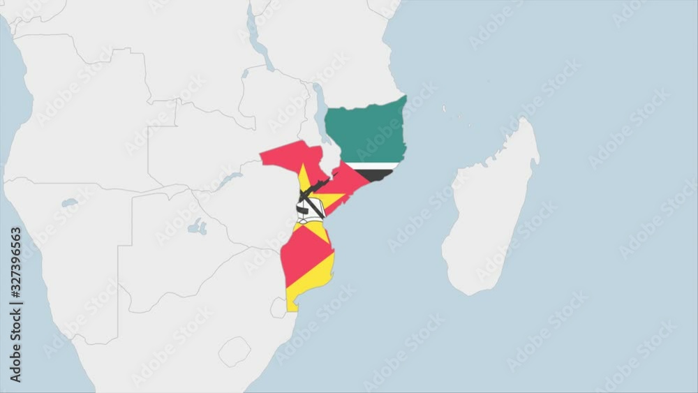 Mozambique map highlighted in Mozambique flag colors and pin of country capital Maputo.