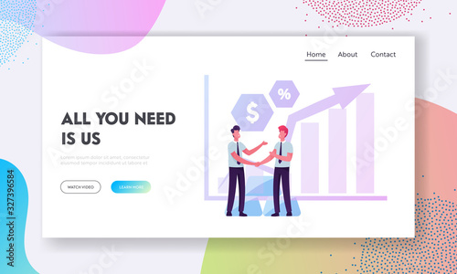 Investment, Stock Market Exchange and Trading Website Landing Page. Businessmen Shaking Hands front of Growing Arrow Graph with Currency Icons, Deal Web Page Banner. Cartoon Flat Vector Illustration