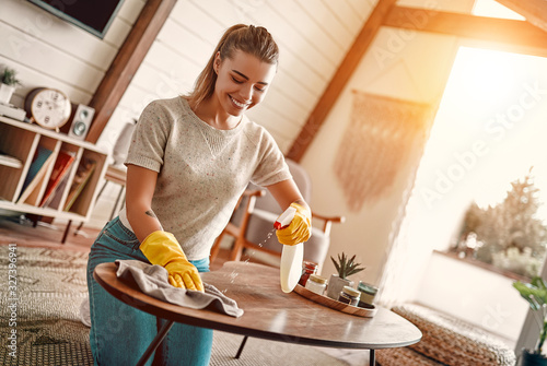 Beautiful young woman makes cleaning the house. Girl rubs dust. Woman in protective gloves is smiling and wiping dust using a spray and a duster while cleaning her house.