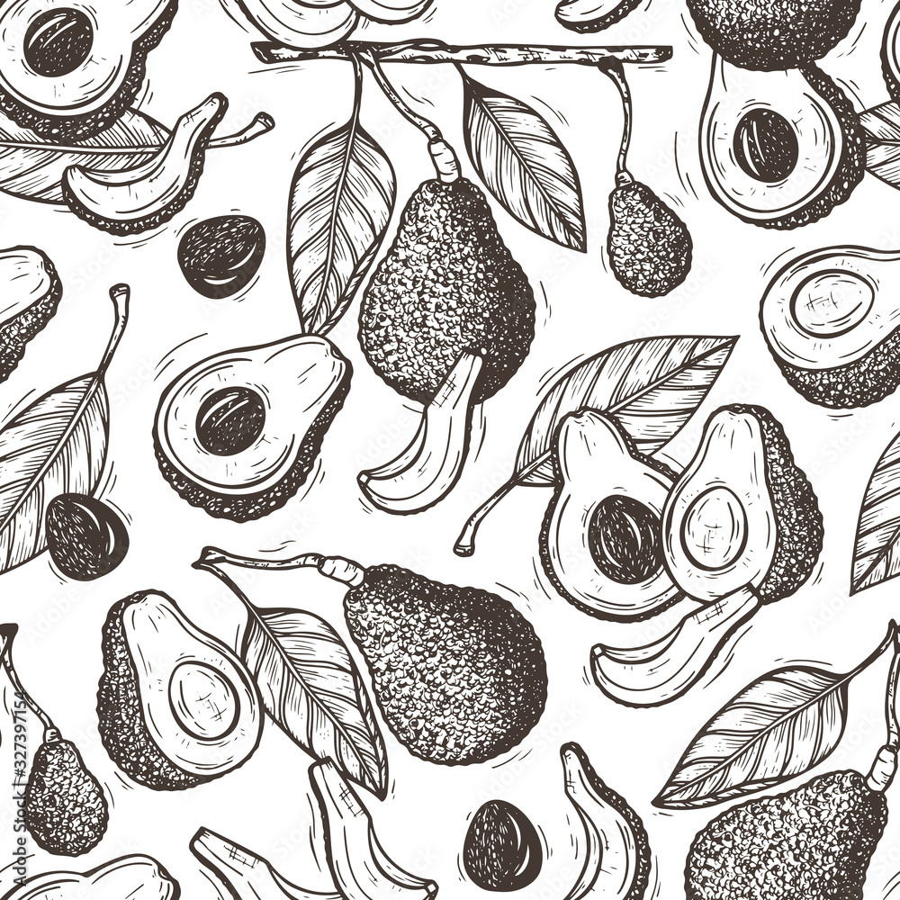 Avocados Vector Seamless pattern. Hass avocado or Bilse avocado variety