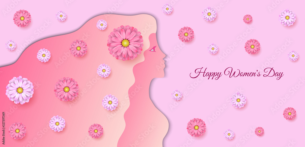 Happy Women's Day floral greeting card design. Vector Illustration with beautiful women with spring colorful flowers in her hair, and text on isolated pink background