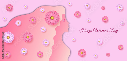 Happy Women's Day floral greeting card design. Vector Illustration with beautiful women with spring colorful flowers in her hair, and text on isolated pink background