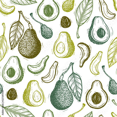 Avocados Vector Seamless pattern. Hass avocado or Bilse avocado variety. Background with California tropical fruit. Hand drawn illustration