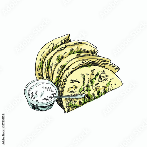 Colorful hand drawn sketch of traditional Azerbaijani dish qutab made from thinly rolled dough with different filling cooked briefly on a convex griddle and served with yogurt