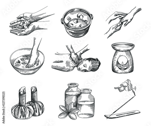 Hand-drawn sketch of spa set tools. Flower in hands, foot soaking in bowl with lemons, bowl with flower petals, back and hands massage,  herbal pouches, candle burner, jars, aroma stick, stones, lotus