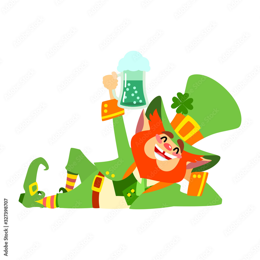 Fototapeta premium St. Patrick's Day character. Illustration of funny lying leprechaun with a pint of green beer in cartoon style isolated on white background. Vector 8 EPS.