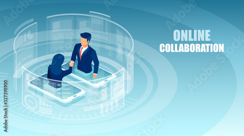 Vector of a businessman and woman collaborating online using social media platforms