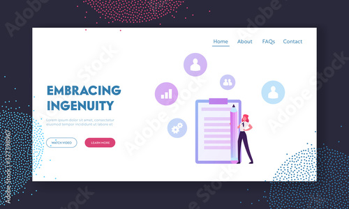 Business Lifestyle, Time Management Website Landing Page. Businesswoman near Clip Board with Pen at To-do List or Tasks for Delegation Work in Office Web Page Banner. Cartoon Flat Vector Illustration