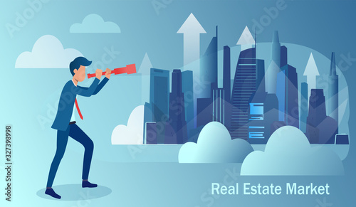 Vector of a business man looking at cityscape trying to predict real estate market