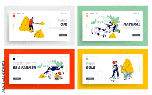 People Doing Farming Job Website Landing Page Set. Villager on Farm Harvesting Hay, Shearing Sheep, Milking Cow, Gardening in Greenhouse Web Page Banner. Cartoon Flat Vector Illustration, Line Art