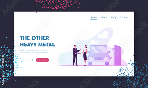 Eco Transport with Electricity Power Website Landing Page. Woman and Man Shaking Hands at Charging Electric Car with Lithium Battery. Green Technology Web Page Banner. Cartoon Flat Vector Illustration