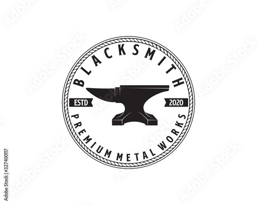 Vintage anvil blacksmith crafting vector icon logo design template, isolated on white