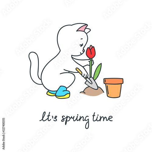 It's spring time. Doodle illustration of a cute white cat putting flowers. Vector 8 EPS.