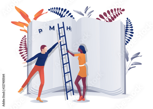 Multiracial Man and Woman Stand by Giant Book with Letters. Cartoon Afro-American Female and Caucasian Male Characters Hold Ladder. Writers Coworking. Bookfest and Literature. Vector Flat Illustration