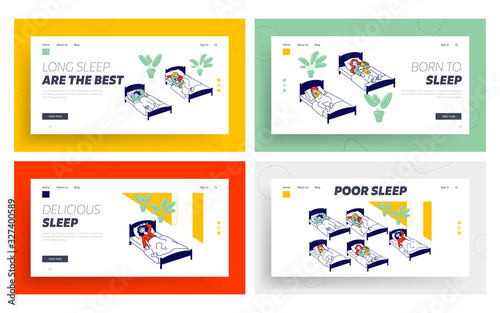 Preschool Dream, Nap Time Website Landing Page Set. Children Afternoon Sleep in Montessori Kindergarten or Elementary School Bedchamber Web Page Banner. Cartoon Flat Vector Illustration, Line Art