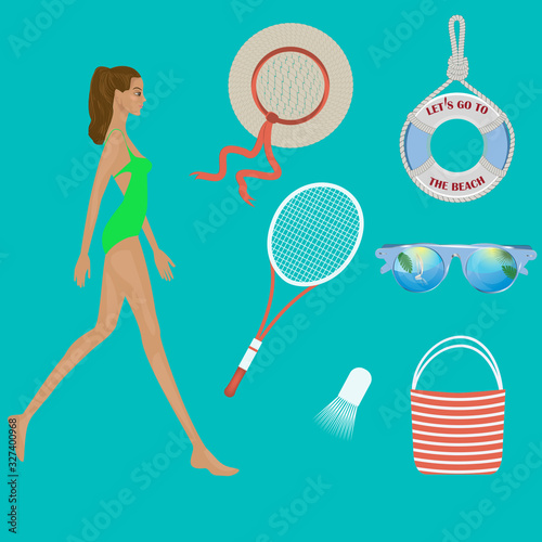 Girl, straw hat, sun glasses, tennis racket, bag, lifebuoy - vector. Journey. Holidays at sea.