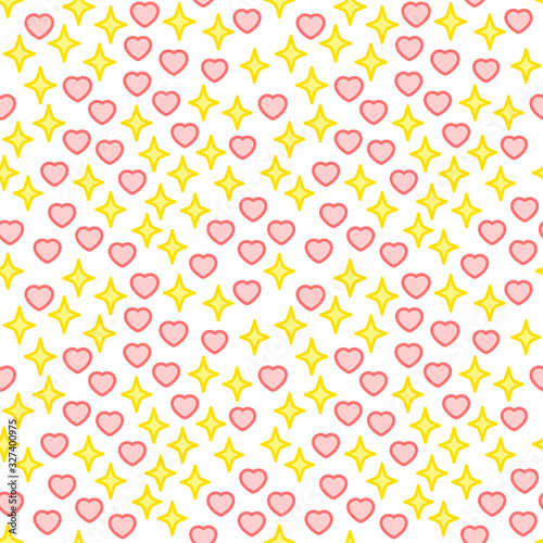 Cute abstract pattern. The seamless background of outlined yellow stars and pink hearts on white background. Vector 8 EPS