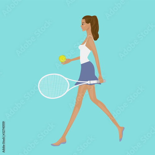 Girl with a tennis racket and ball - vector. Camping. Life style