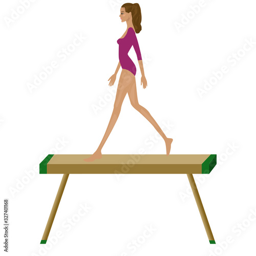 Girl on a gymnastic beam - isolated on white background - vector. Sport. Fitness.