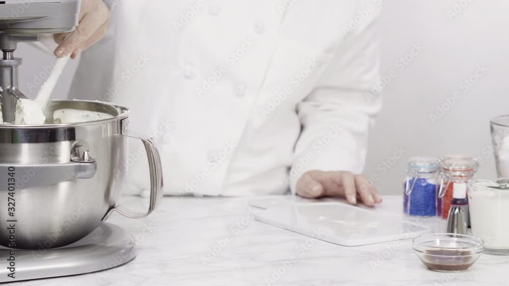Step by step. Mixing ingredients in standing kitchen mixer to make buttercream frosting. Step by step. Mixing ingredients in standing kitchen mixer to make buttercream frosting.