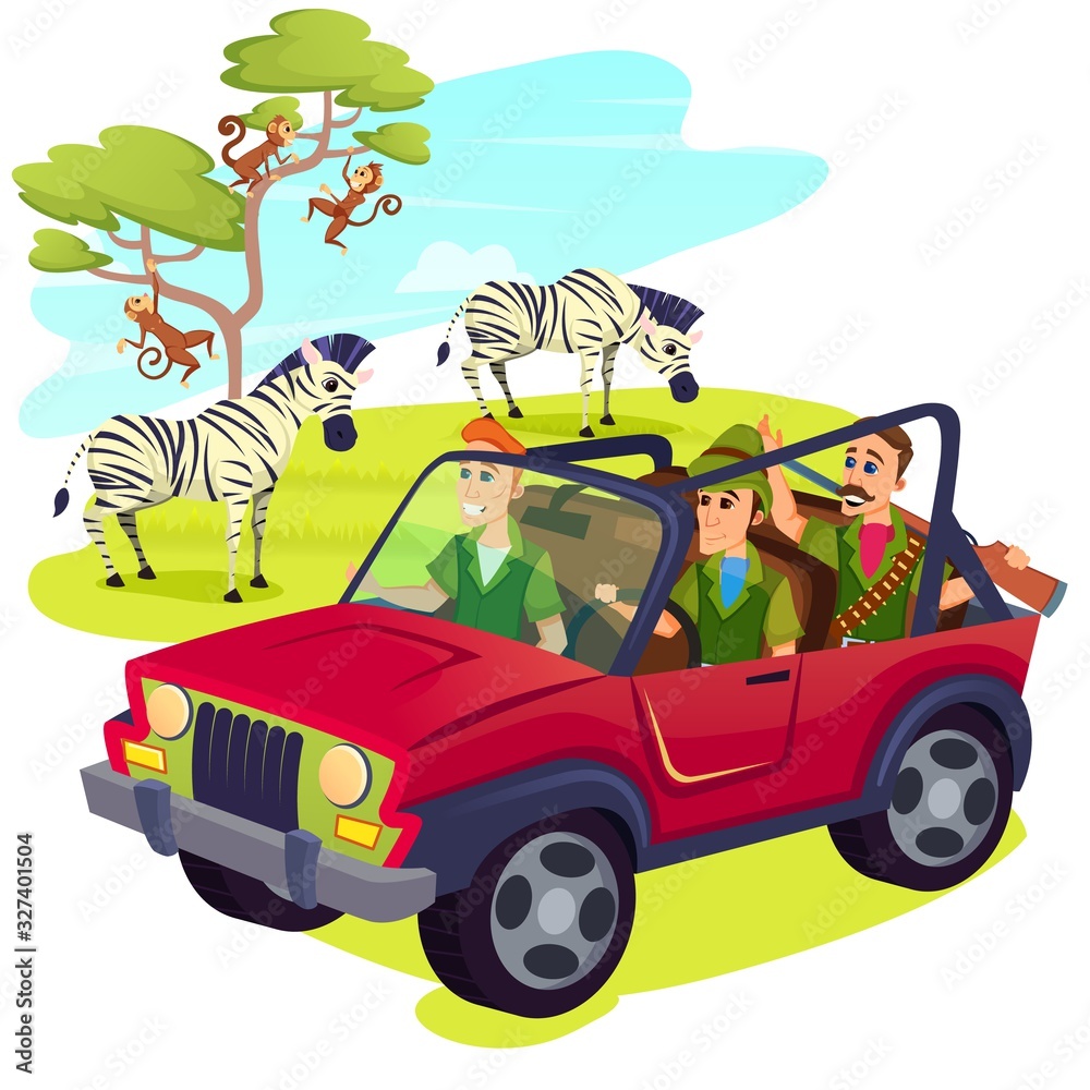 Group of Men Hunters Wearing Uniform and Weapon Driving Jeep on Safari in Africa with Zebras Group of Men Hunters Wearing Uniform and Weapon Driving Jeep on Safari in Africa with Zebras