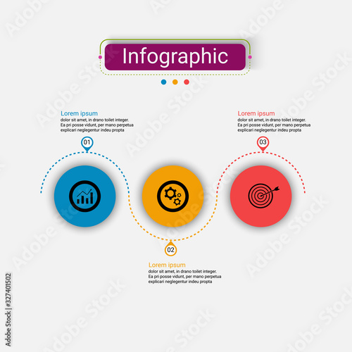 Timeline three steps infographics design vector template with 3 options.