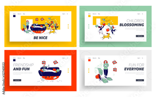 Kids Bad Behaviour, Mess Website Landing Page Set. Naughty Hyperactive Children Fighting, Playing and Making Chaos at Home. Game, Quarrel Web Page Banner. Cartoon Flat Vector Illustration, Line Art