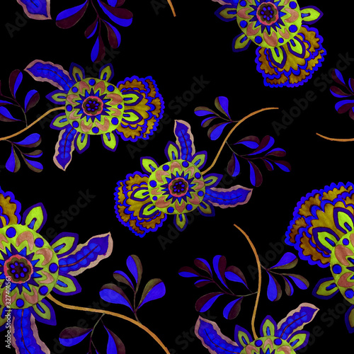 Watercolor seamless pattern with flowers  and leaves in ethnic style. Floral ...
