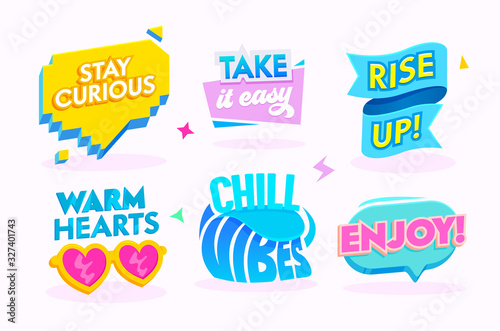 Good Vibes Motivation Icons Set Isolated on White Background. Labels and Banners with Typography Quotes. Warm Hearts, Chill Vibes and Rise Up. Take it Easy, Stay Curious Cartoon Vector Illustration