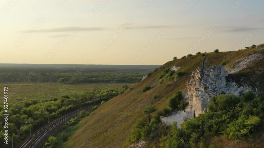 Aerial view of Divnogorye Museum-Reserve at sunset, Voronezh region, Russia, 4k