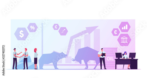 People Trading at Stock Market. Businesspeople Brokers or Traders Analyse Global Economics and Finance News for Buying and Selling Bonds and Currency. Bears and Bulls Cartoon Flat Vector Illustration