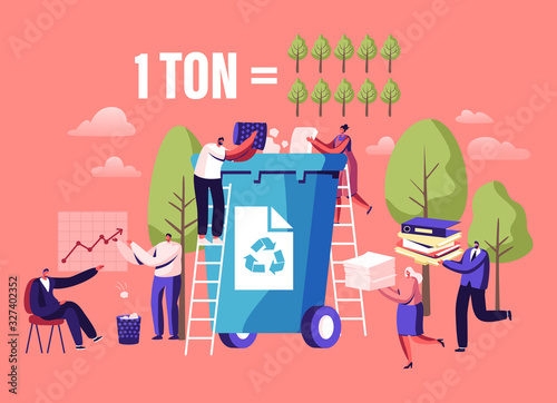 Less Paper Using, Stop Deforestation and Trees Cutting Concept. Tiny Male and Female Characters Throw Paper Waste to Recycle Litter Bin for Reusing, Eco Conservation Cartoon Flat Vector Illustration