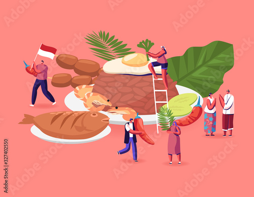 Traditional Indonesian Cuisine Concept. People in National Costumes and Tourists around Huge Dish Brown Rice with Fried Eggs and Shrimps, Roasted Fish and Veggies Cartoon Flat Vector Illustration