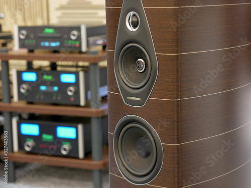 Audiophile speakers and Hi-Fi sound system. Close-up view.