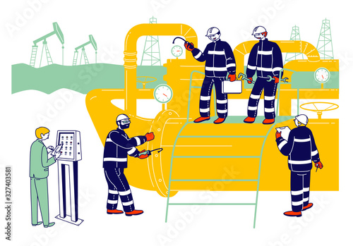 Gas Industry Concept with Male Characters Working on Pipeline. Engineer Control Pipe, Workers in Uniform and Hardhats Holding Instruments on Production Line. Cartoon Flat Vector Illustration, Line Art