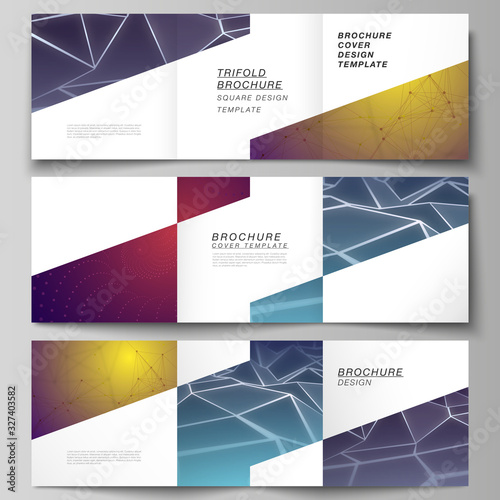 Vector layout of square format covers design templates for trifold brochure, flyer, magazine. 3d polygonal geometric modern design abstract background. Science or technology vector illustration.