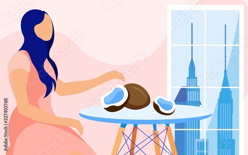 Woman Presenter, Sitting in Cozy Studio, with Big City Outline Outside, Grounding Natural Filler Advantages. She is Showing Coconut Fruit, Speaking Durable and Supportive Coconut Fiber Mattress.
