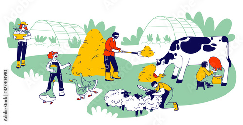 People Doing Farming Job Feeding Poultry and Domestic Animals, Milking Cow, Shearing Sheep, Prepare Hay for Livestock. Farmer Characters Working with Cattle. Cartoon Flat Vector Illustration, Line Art
