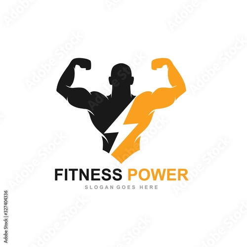 Fitness power logo, Gym logo design template, with silhouettes of bodybuilders,