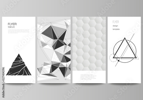 The minimalistic vector illustration of the editable layout of flyer, banner design templates. Abstract geometric triangle design background using different triangular style patterns.