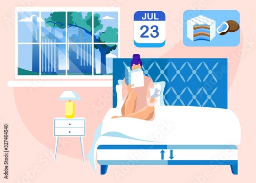 Woman in Bedroom, Reading Bedside Book before Falling Asleep, Having Herbal Tea or Warm Milk, Lying on Comfortable Bed. July, 23, Time to Turn Coir Layer Mattress over from Winter Side to Summer One.