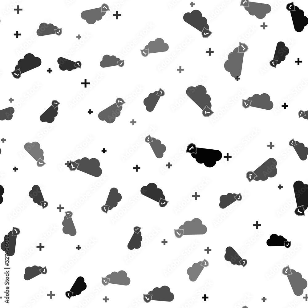 Black Cloud and shield with check mark icon isolated seamless pattern on white background. Cloud storage data protection. Security, safety, protection, privacy concept. Vector Illustration Black Cloud and shield with check mark icon isolated seamless pattern on white background. Cloud storage data protection. Security, safety, protection, privacy concept. Vector Illustration