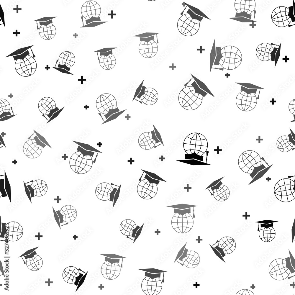 Black Graduation cap on globe icon isolated seamless pattern on white background. World education symbol. Online learning or e-learning concept. Vector Illustration Black Graduation cap on globe icon isolated seamless pattern on white background. World education symbol. Online learning or e-learning concept. Vector Illustration