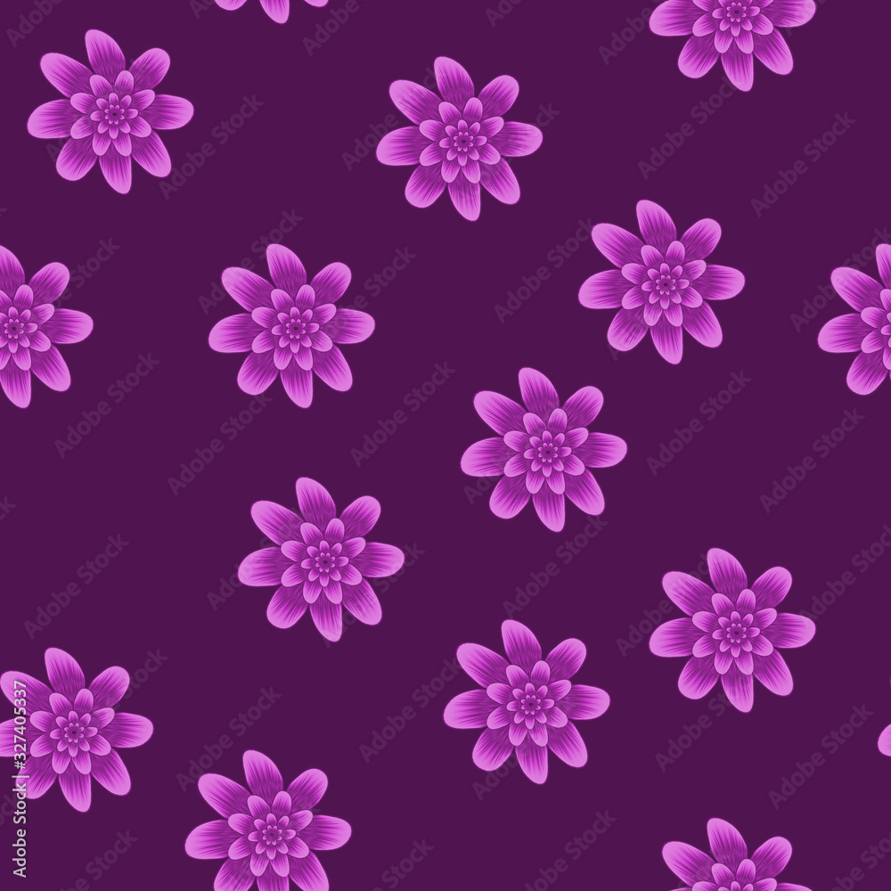 Seamless repeat pattern with pink flowers on violet background. For drawn fabric, gift wrap, wall art design Seamless repeat pattern with pink flowers on violet background. For drawn fabric, gift wrap, wall art design