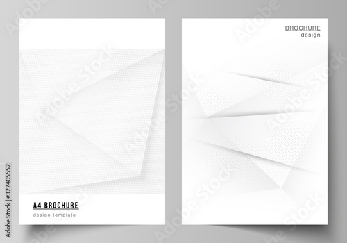 Vector layout of A4 cover mockups design templates for brochure, flyer layout, cover design, book design, brochure cover. Halftone dotted background with gray dots, abstract gradient background.