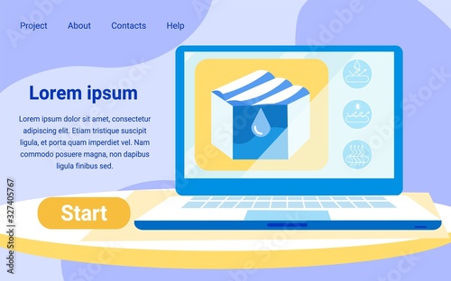 Flat Vector Landing Page Design Template. Waterproof Mattress with Protector Cover. Inner Structure in Section. Effective Advertisement with Realistic Laptop Presentation. Copy Space for Your Text.